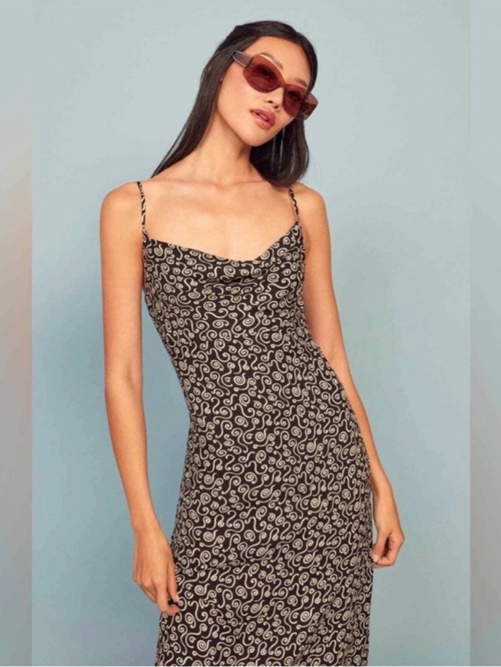 NWT Reformation Astrid Spiral Cowl Neck Slip Midi Dress Medium Black White
